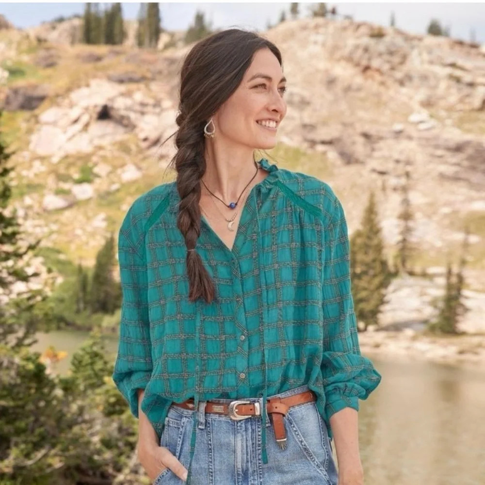 Sundance Heather Highland Teal Plaid Top XS Lace Ruffle Cottage Country Crinkle